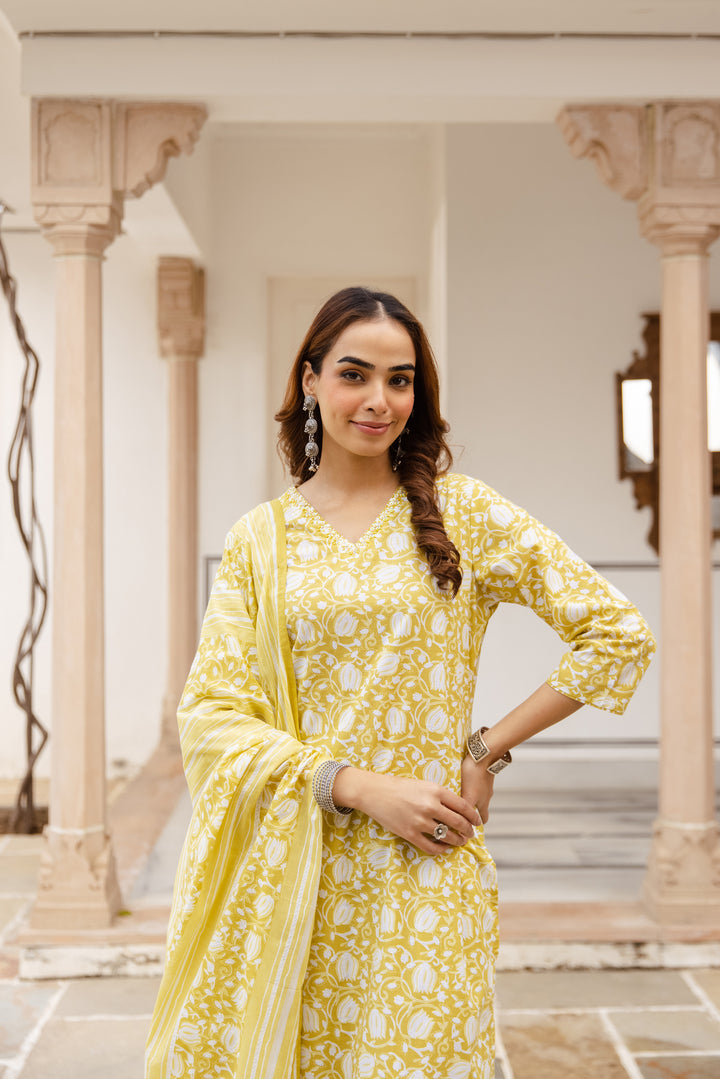 Nehamta Women's Yellow:White Cotton Kurta with Trouser & Dupatta