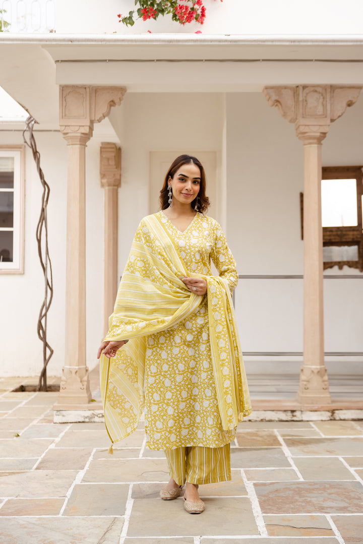 Nehamta Women's Yellow:White Cotton Kurta with Trouser & Dupatta