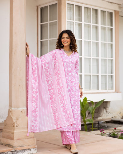 Nehamta Women's Baby Pink:White Cotton Kurta with Trouser & Dupatta