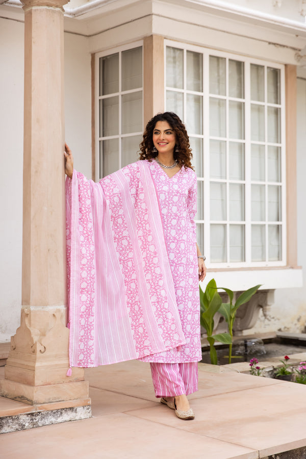 Nehamta Women's Baby Pink:White Cotton Kurta with Trouser & Dupatta