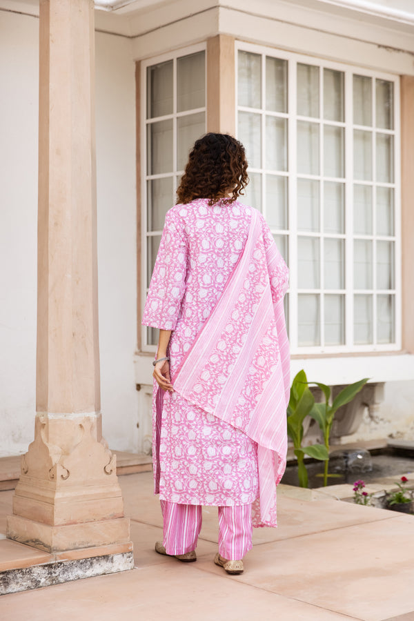 Nehamta Women's Baby Pink:White Cotton Kurta with Trouser & Dupatta