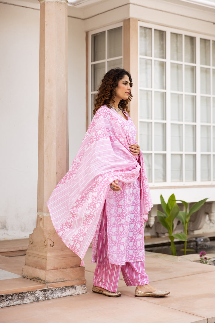 Nehamta Women's Baby Pink:White Cotton Kurta with Trouser & Dupatta