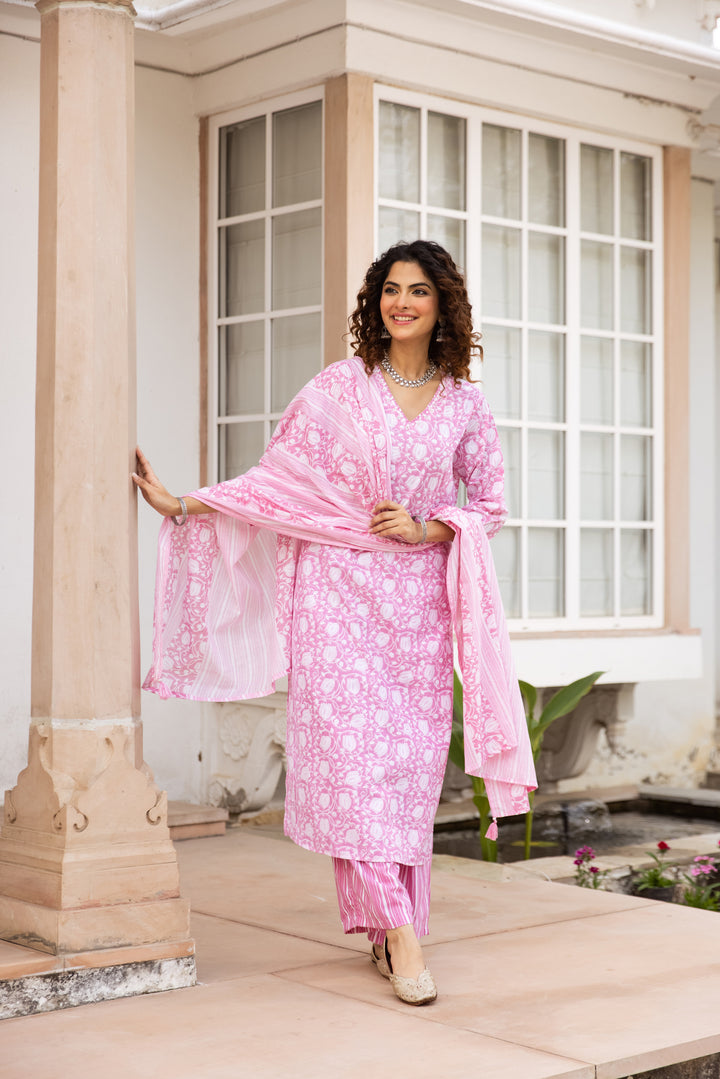Nehamta Women's Baby Pink:White Cotton Kurta with Trouser & Dupatta