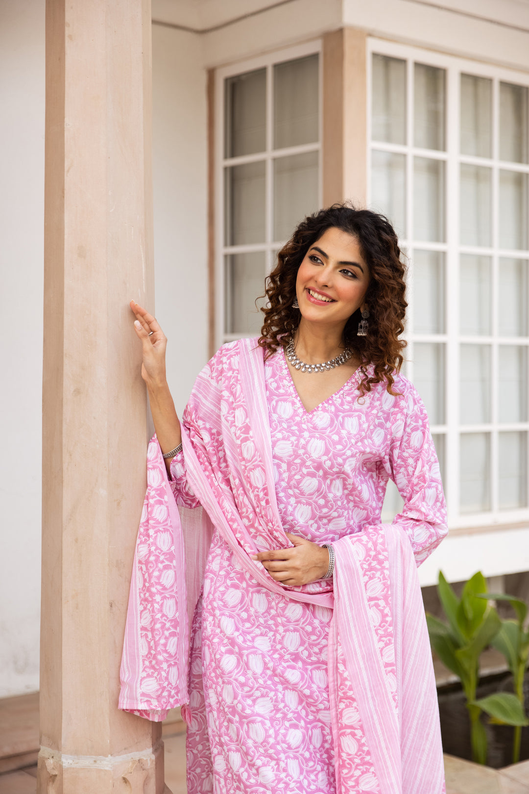 Nehamta Women's Baby Pink:White Cotton Kurta with Trouser & Dupatta