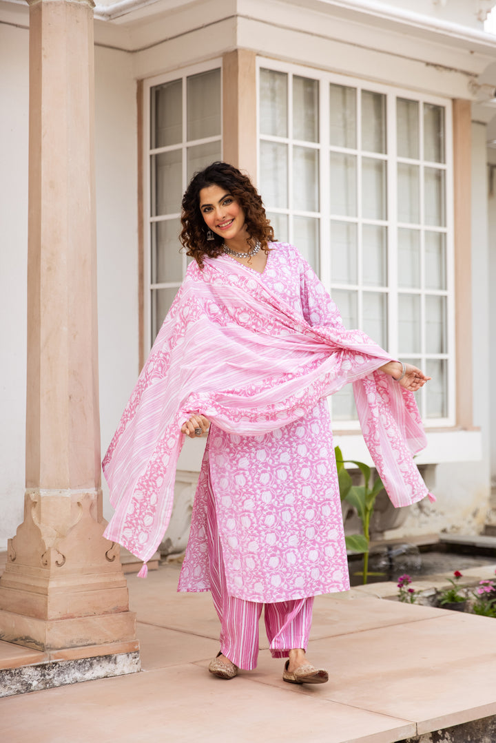 Nehamta Women's Baby Pink:White Cotton Kurta with Trouser & Dupatta