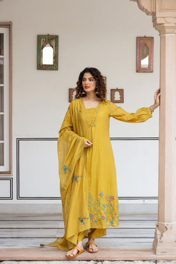Nehamta Women's Mustard Net Chanderi Kurta with Pant & Dupatta
