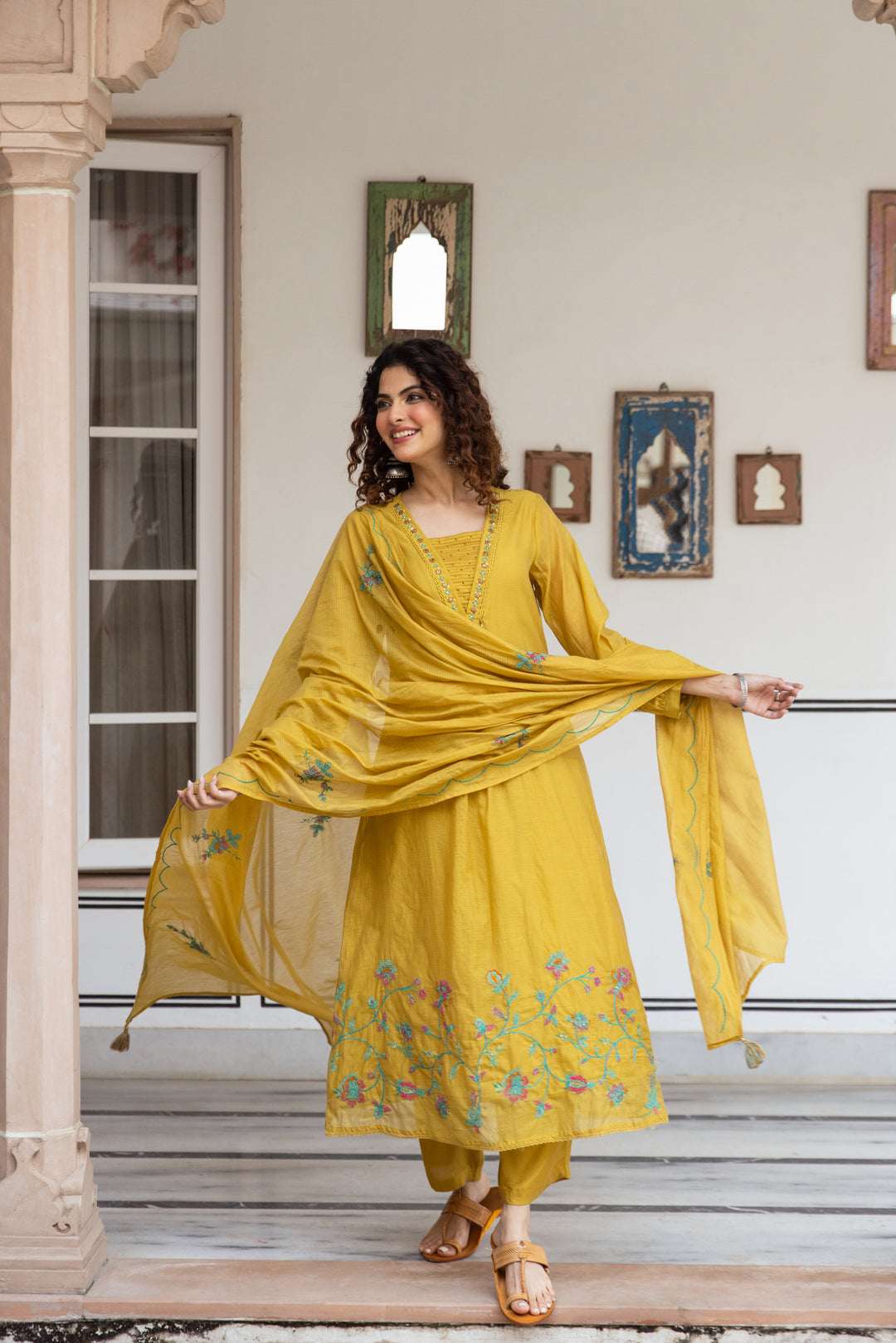 Nehamta Women's Mustard Net Chanderi Kurta with Pant & Dupatta