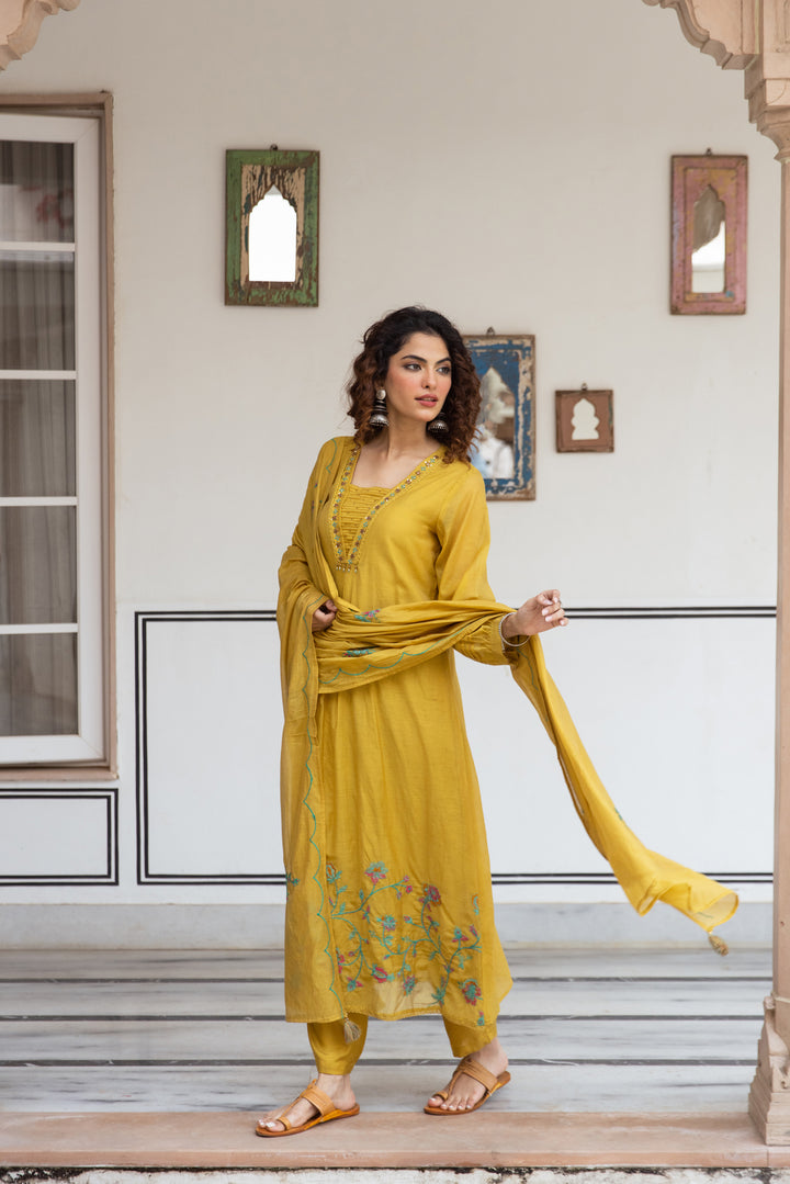 Nehamta Women's Mustard Net Chanderi Kurta with Pant & Dupatta