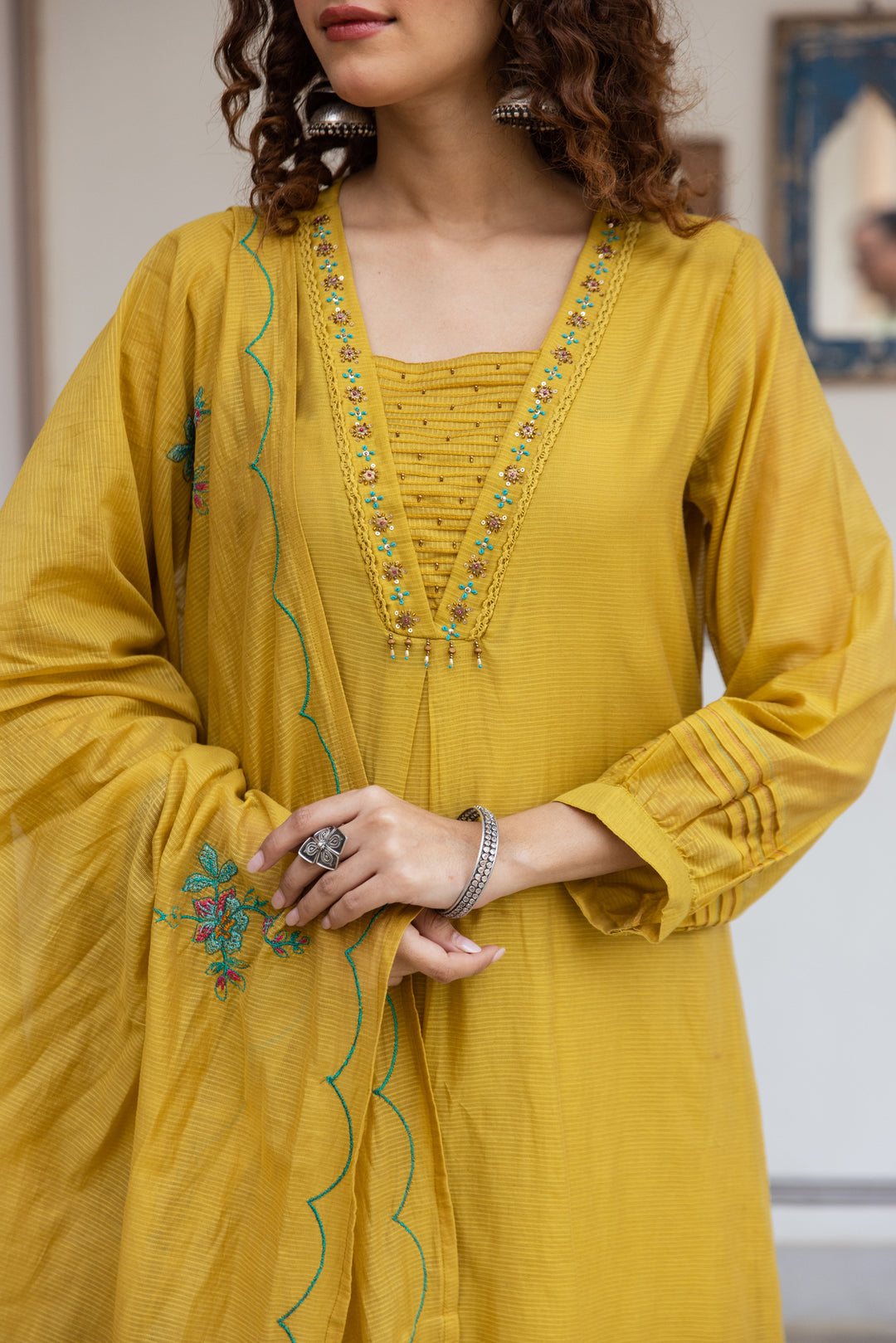 Nehamta Women's Mustard Net Chanderi Kurta with Pant & Dupatta