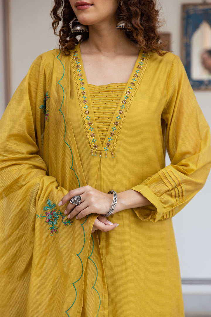 Nehamta Women's Mustard Net Chanderi Kurta with Pant & Dupatta