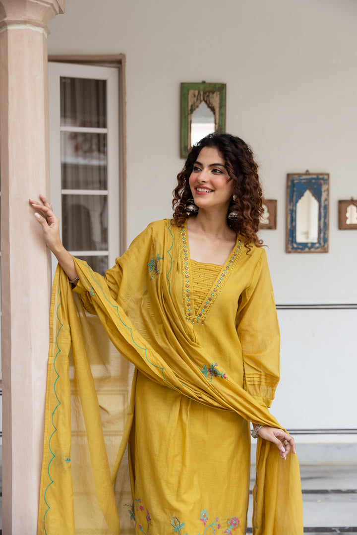 Nehamta Women's Mustard Net Chanderi Kurta with Pant & Dupatta