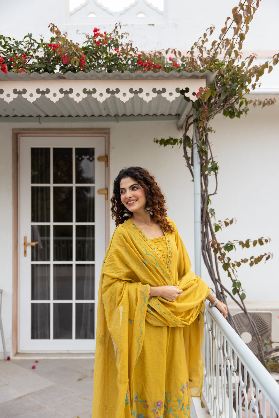 Nehamta Women's Mustard Net Chanderi Kurta with Pant & Dupatta