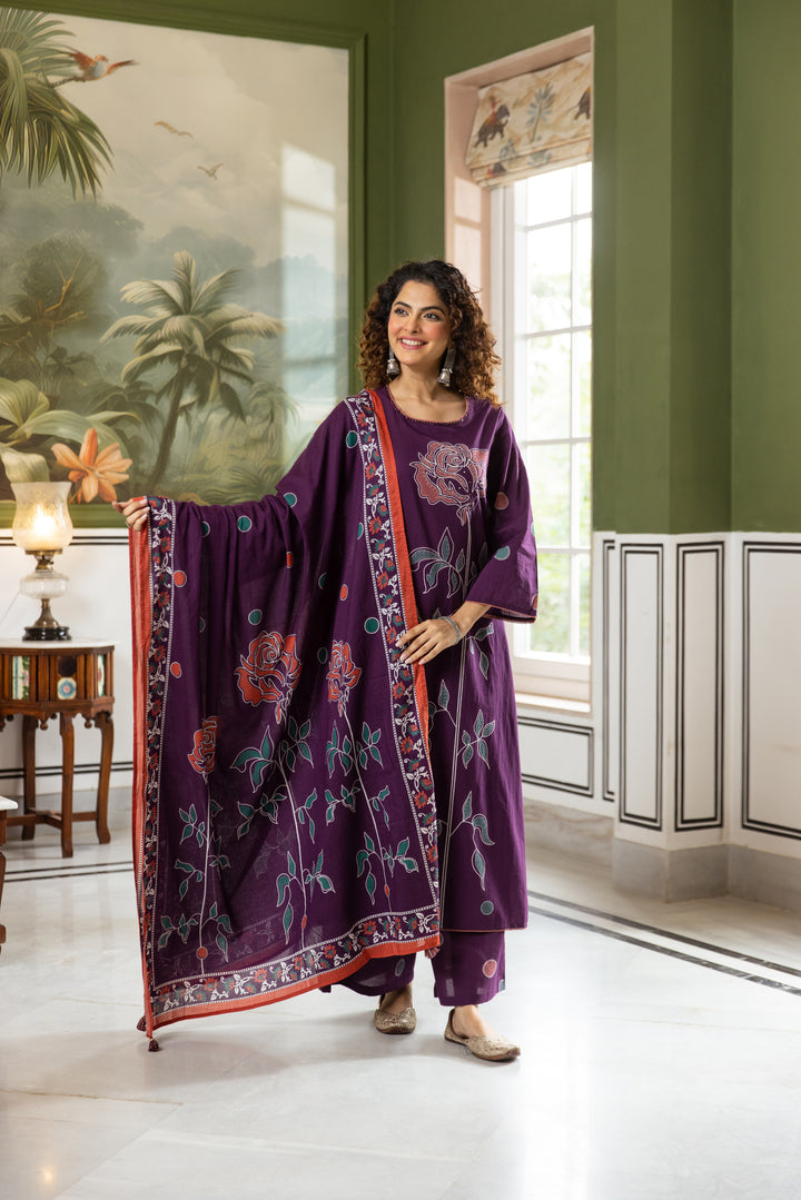 Nehamta Women's Purple Cotton Kurta with Palazzo & Dupatta