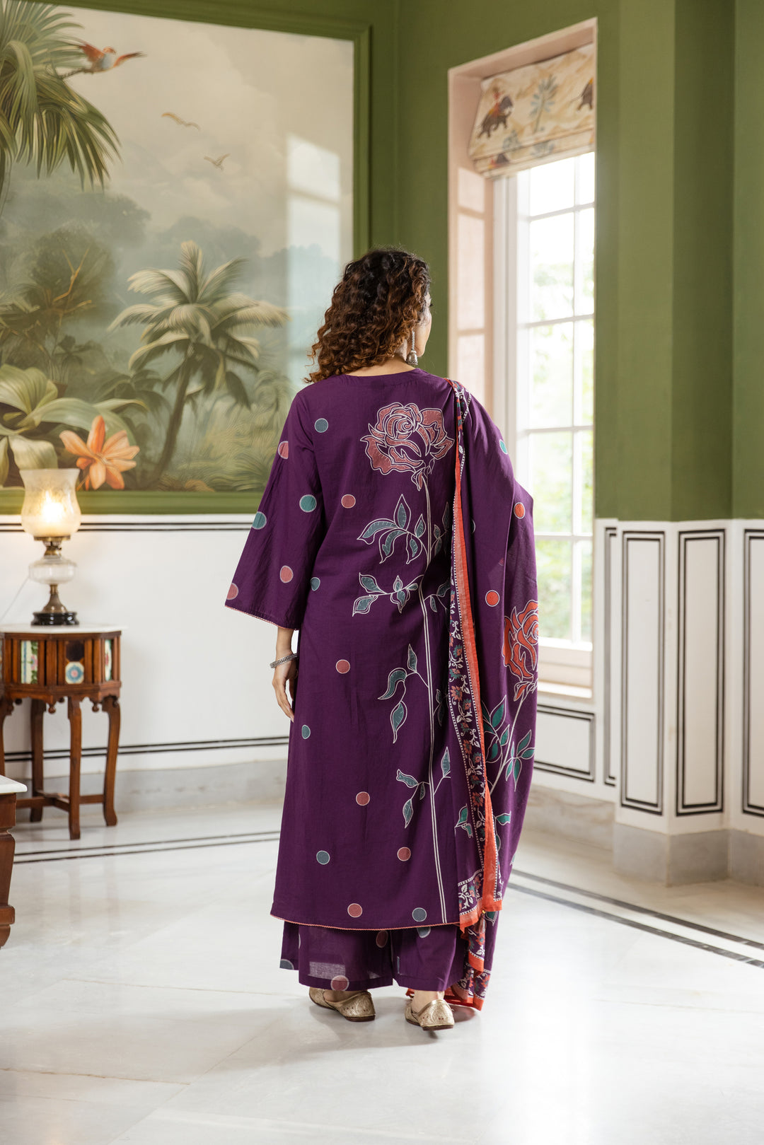 Nehamta Women's Purple Cotton Kurta with Palazzo & Dupatta