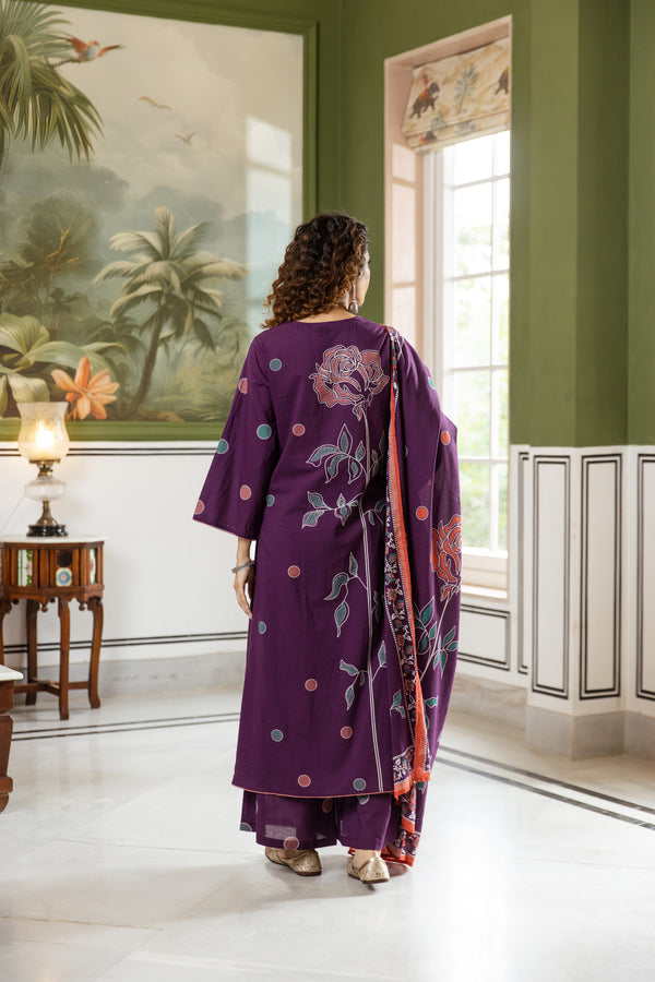 Nehamta Women's Purple Cotton Kurta with Palazzo & Dupatta