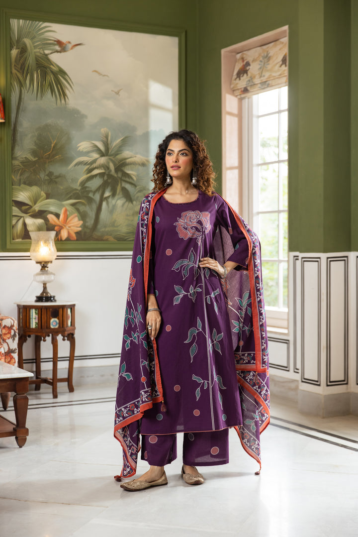Nehamta Women's Purple Cotton Kurta with Palazzo & Dupatta
