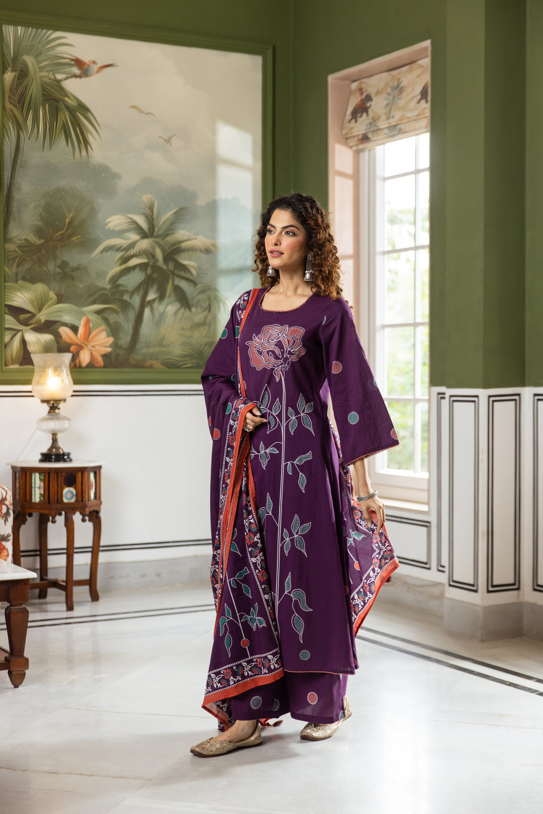 Nehamta Women's Purple Cotton Kurta with Palazzo & Dupatta