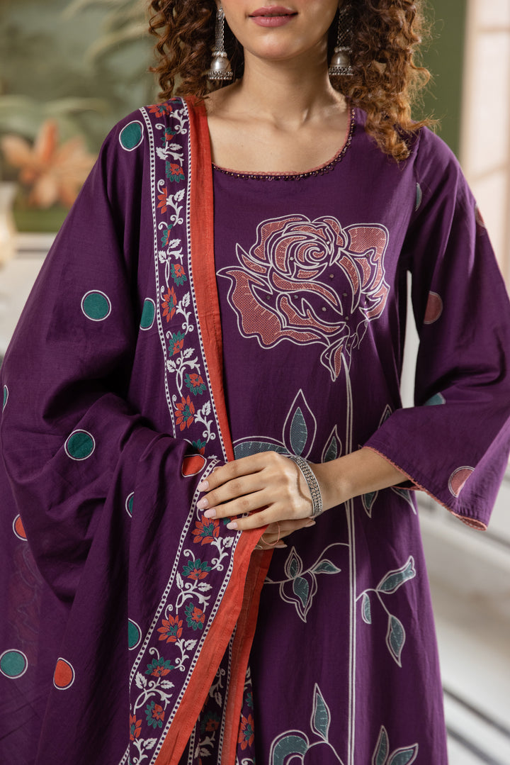 Nehamta Women's Purple Cotton Kurta with Palazzo & Dupatta