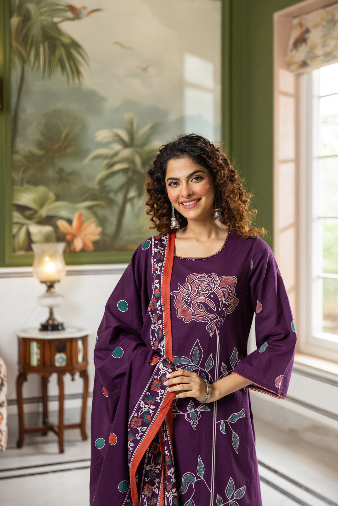 Nehamta Women's Purple Cotton Kurta with Palazzo & Dupatta