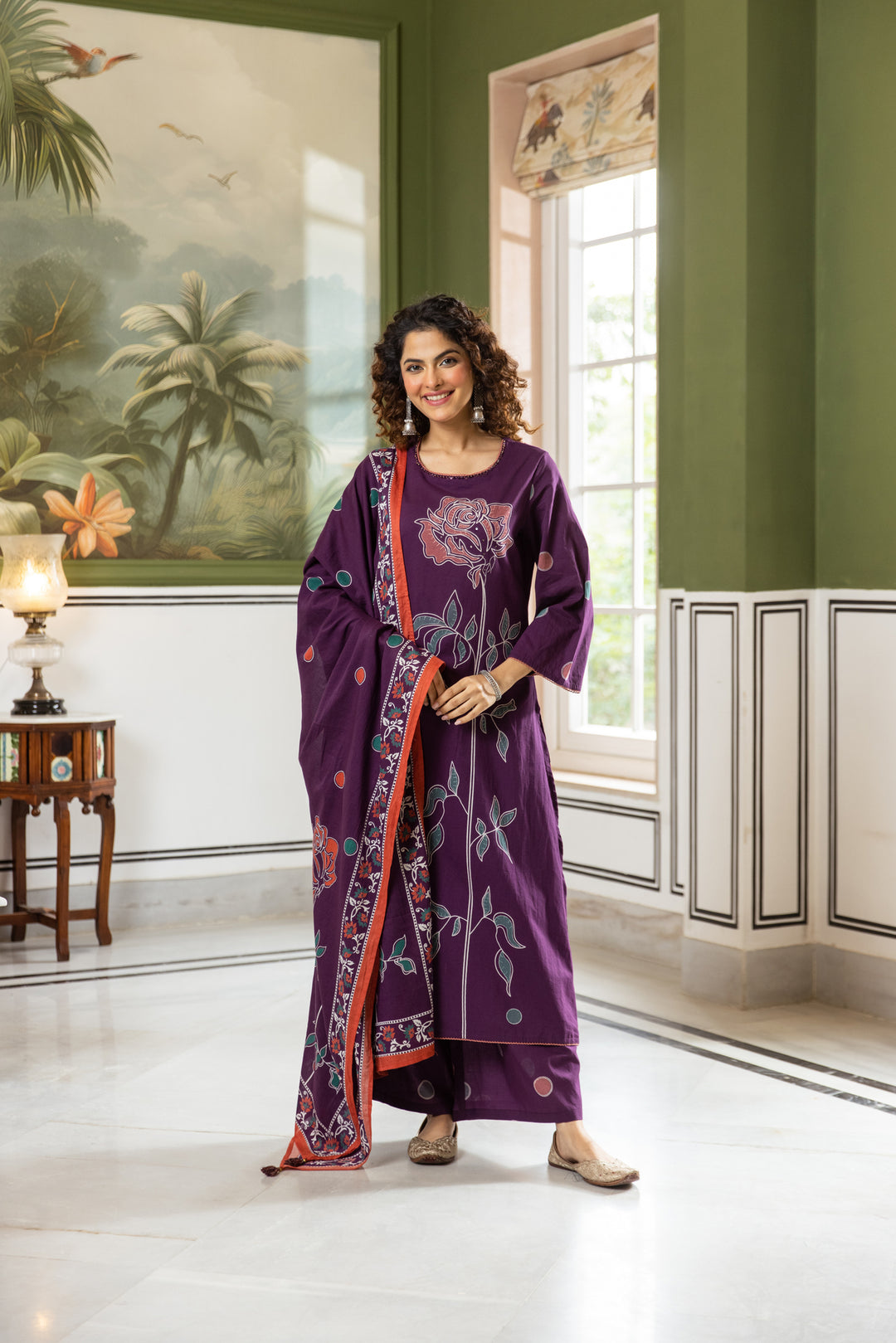 Nehamta Women's Purple Cotton Kurta with Palazzo & Dupatta