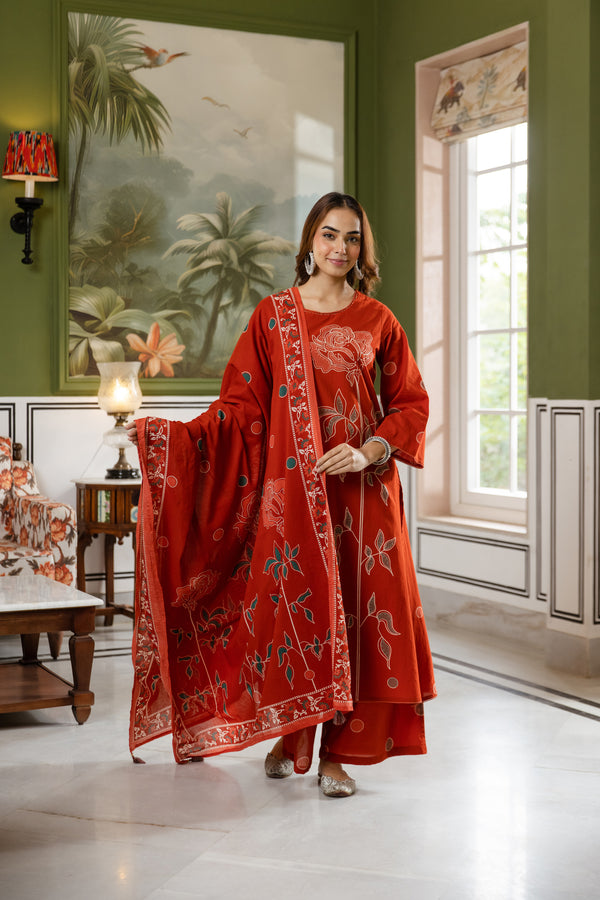 Nehamta Women's Rust Cotton Kurta with Palazzo & Dupatta