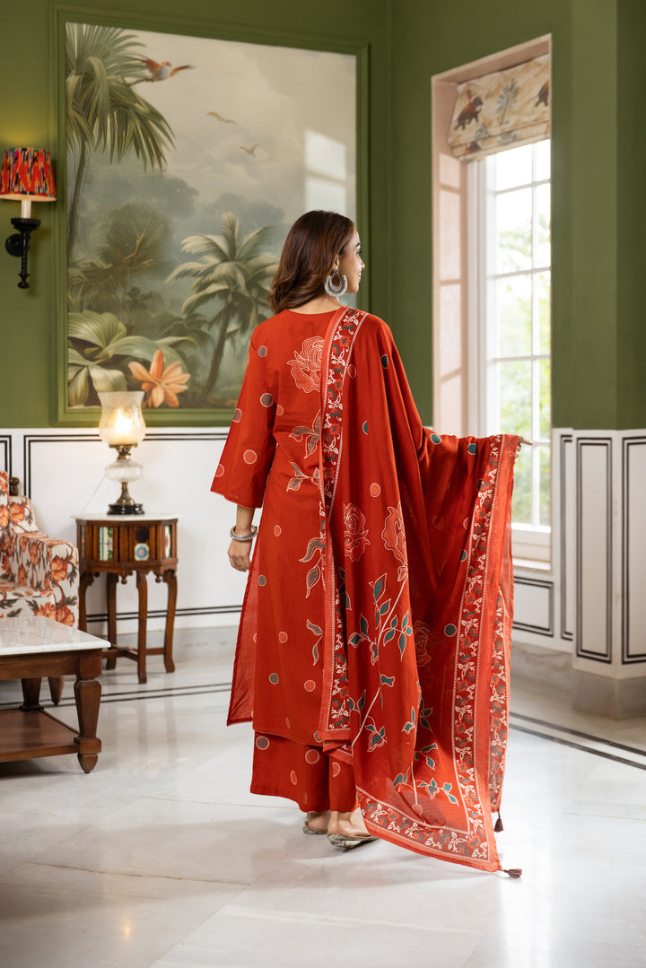 Nehamta Women's Rust Cotton Kurta with Palazzo & Dupatta