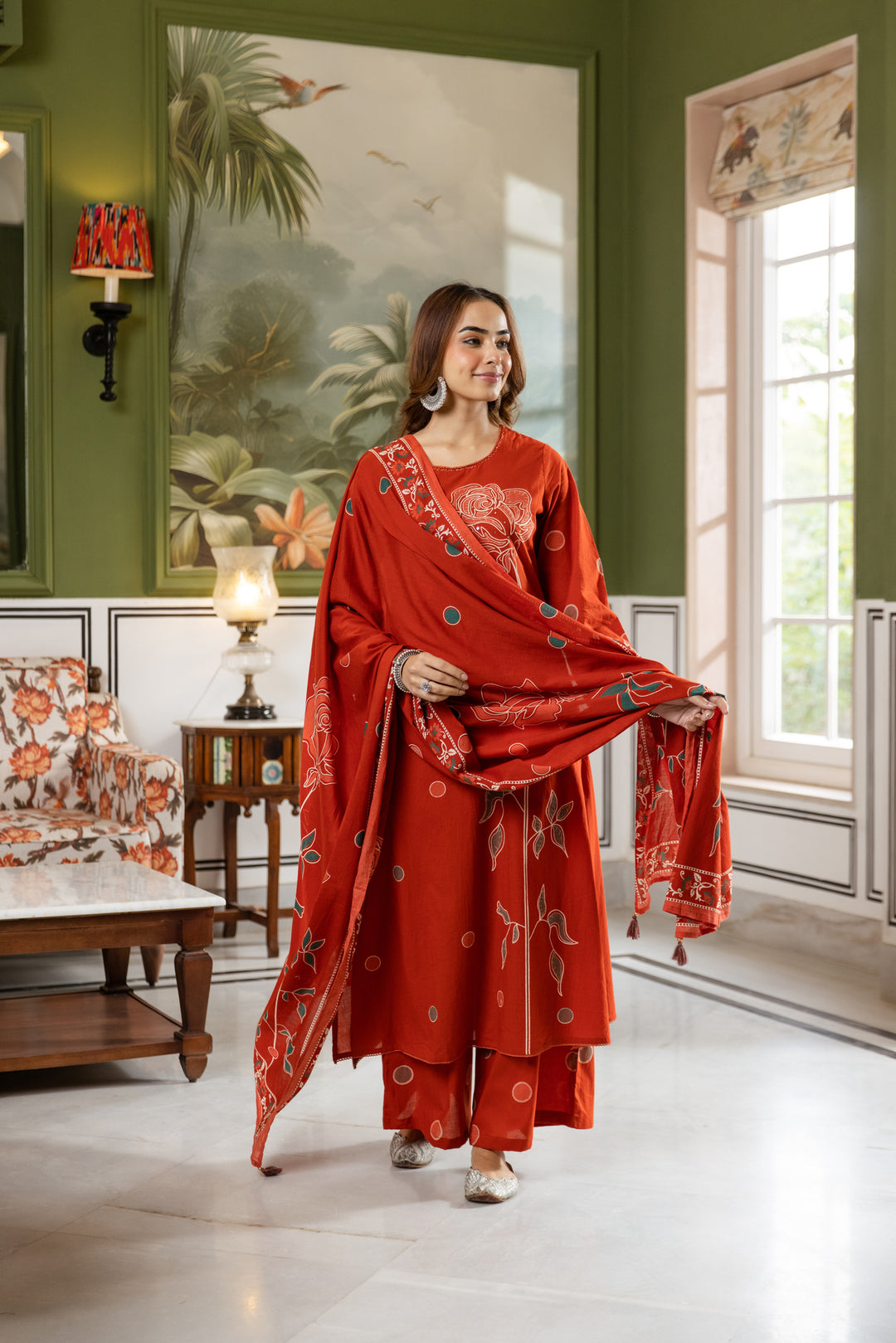 Nehamta Women's Rust Cotton Kurta with Palazzo & Dupatta