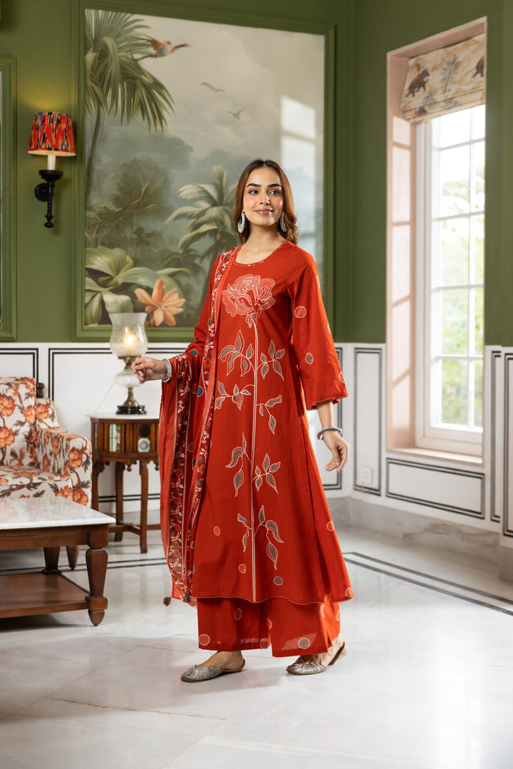 Nehamta Women's Rust Cotton Kurta with Palazzo & Dupatta