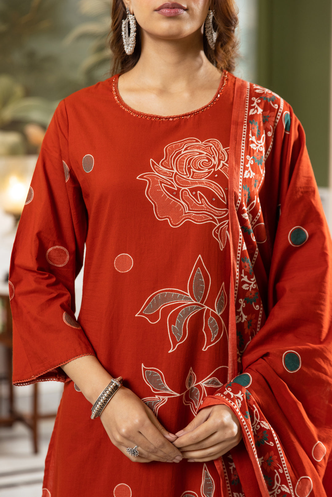 Nehamta Women's Rust Cotton Kurta with Palazzo & Dupatta