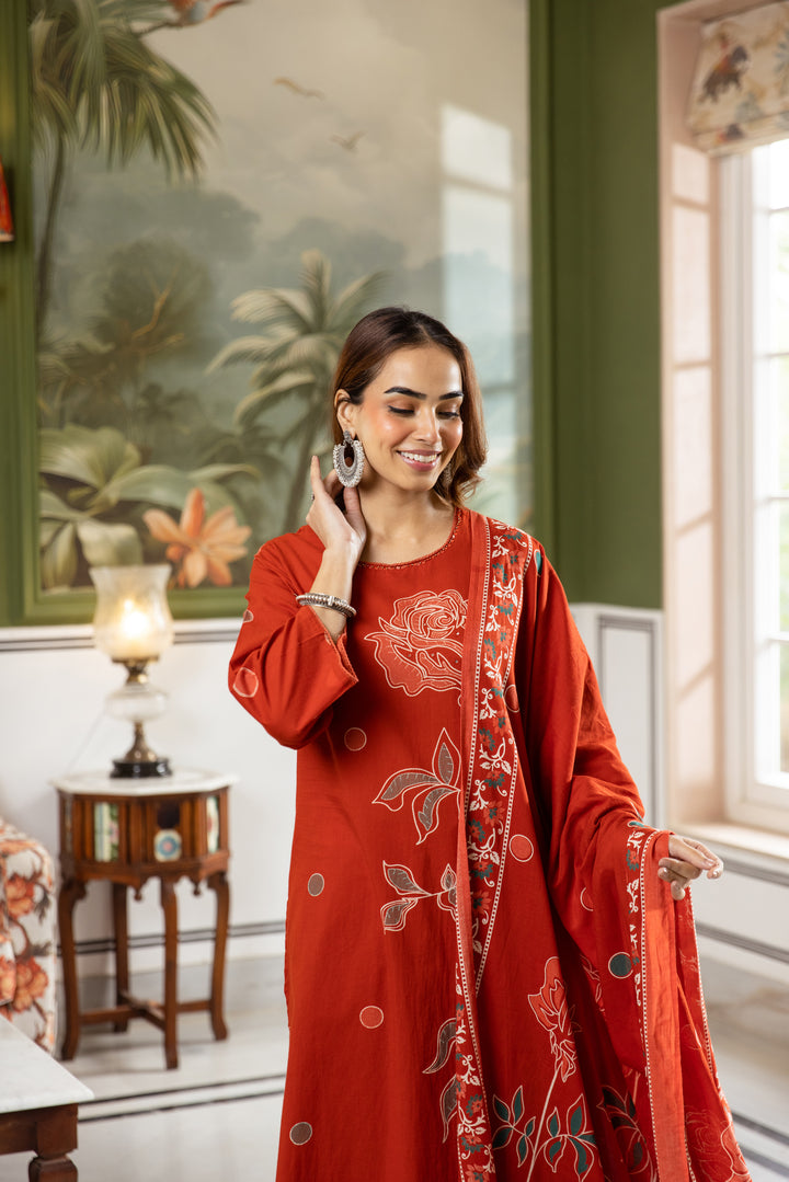 Nehamta Women's Rust Cotton Kurta with Palazzo & Dupatta