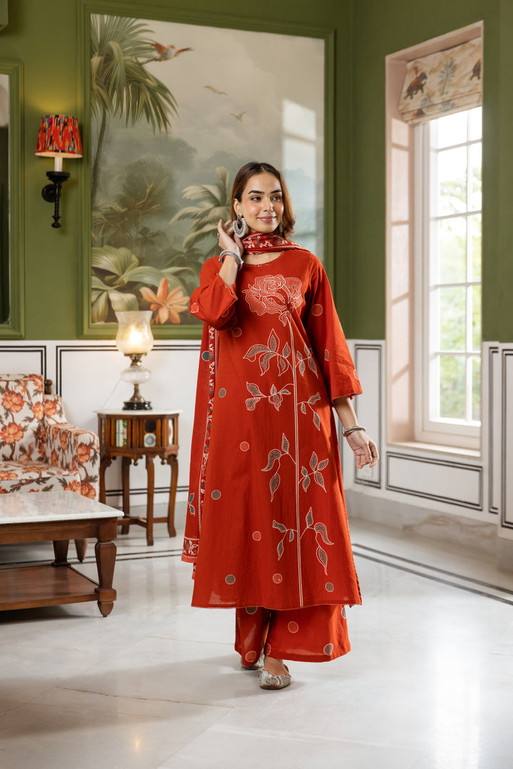 Nehamta Women's Rust Cotton Kurta with Palazzo & Dupatta