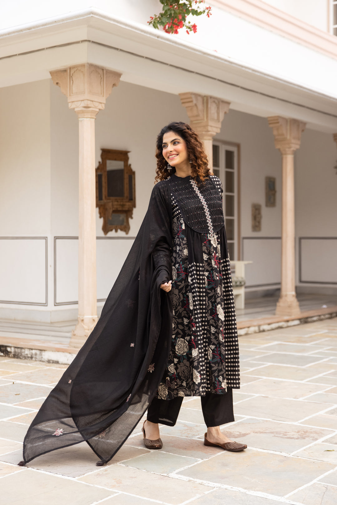 Nehamta Women's Black Cotton Kurta with Pant & Dupatta