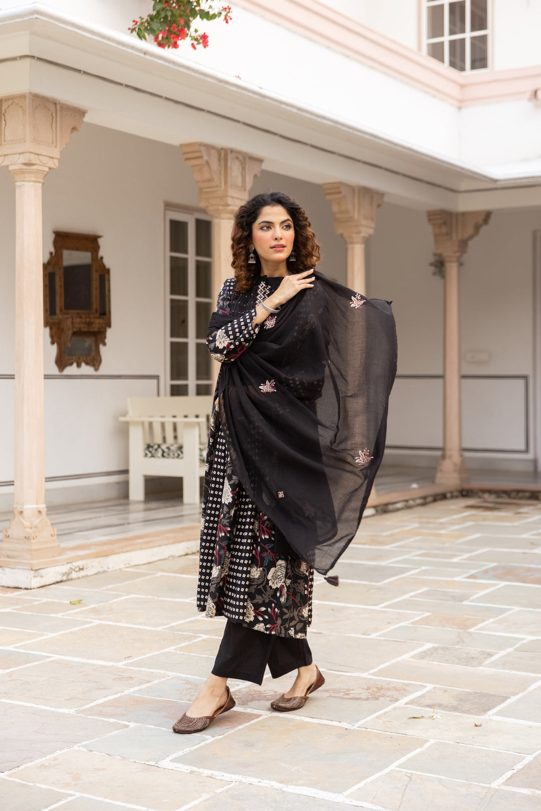 Nehamta Women's Black Cotton Kurta with Pant & Dupatta