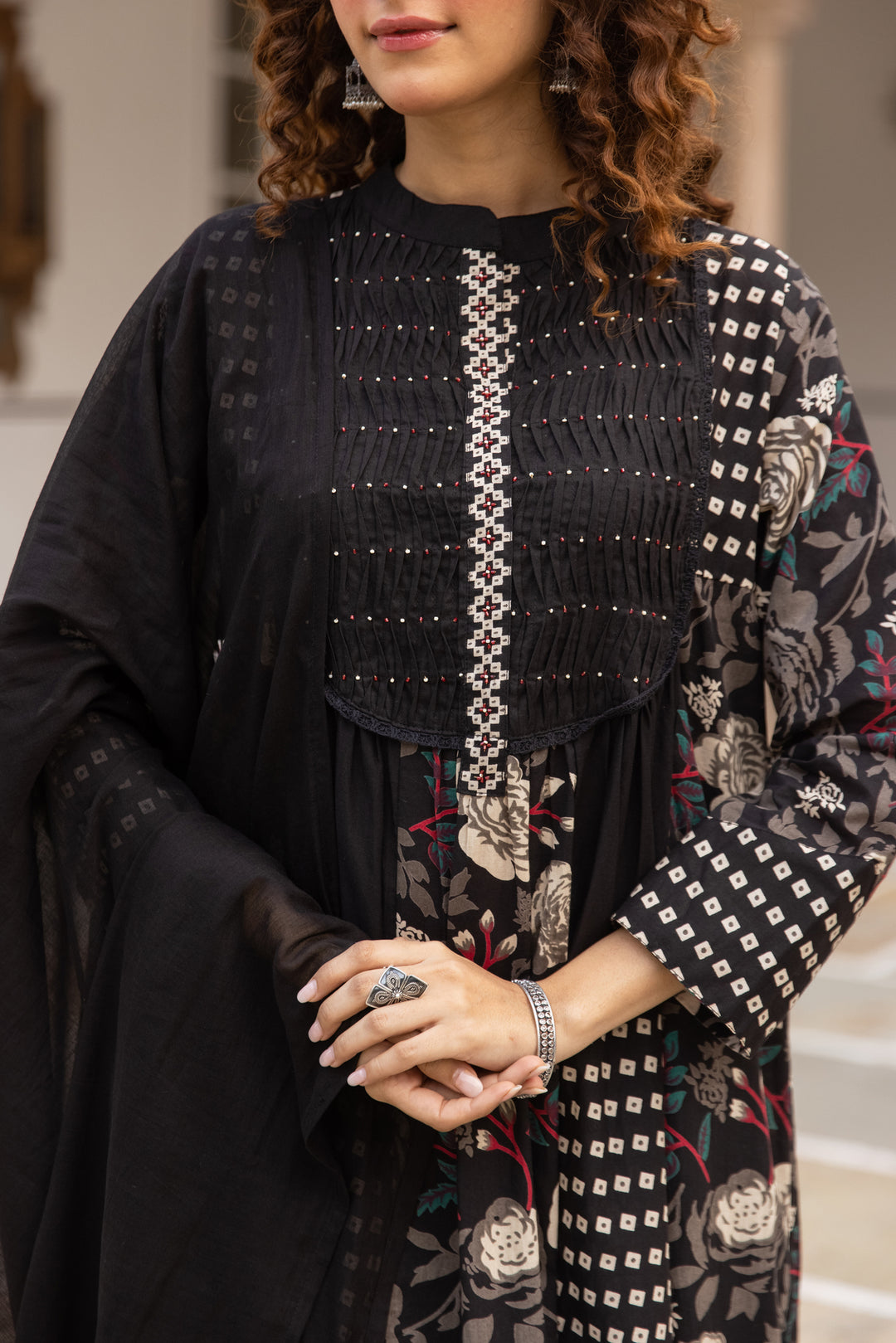 Nehamta Women's Black Cotton Kurta with Pant & Dupatta