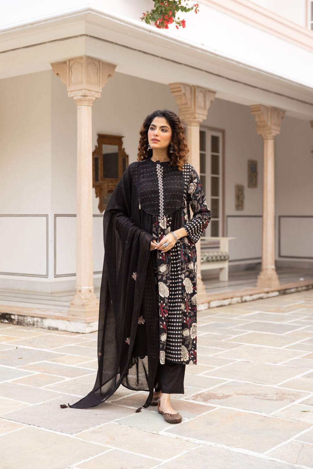 Nehamta Women's Black Cotton Kurta with Pant & Dupatta