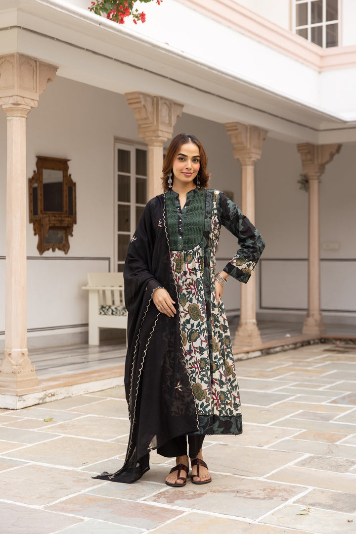 Nehamta Women's Bottle Green Cotton Kurta with Pant & Dupatta