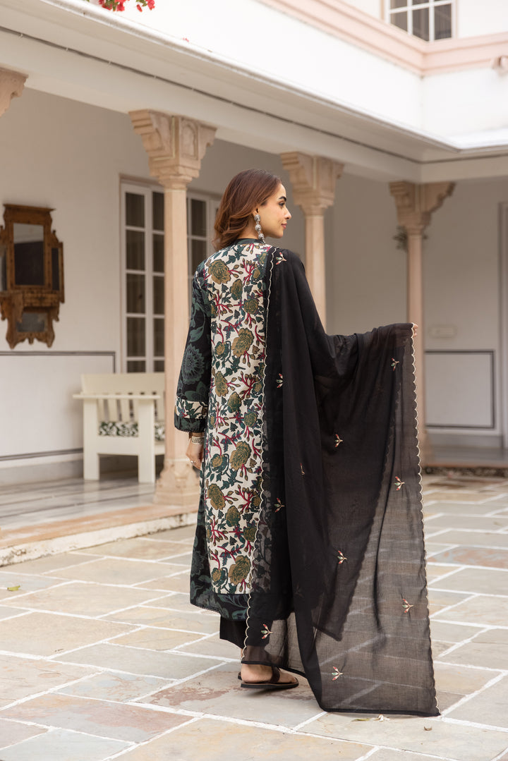 Nehamta Women's Bottle Green Cotton Kurta with Pant & Dupatta