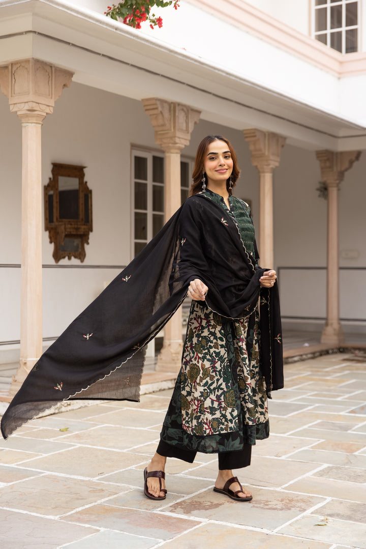 Nehamta Women's Bottle Green Cotton Kurta with Pant & Dupatta