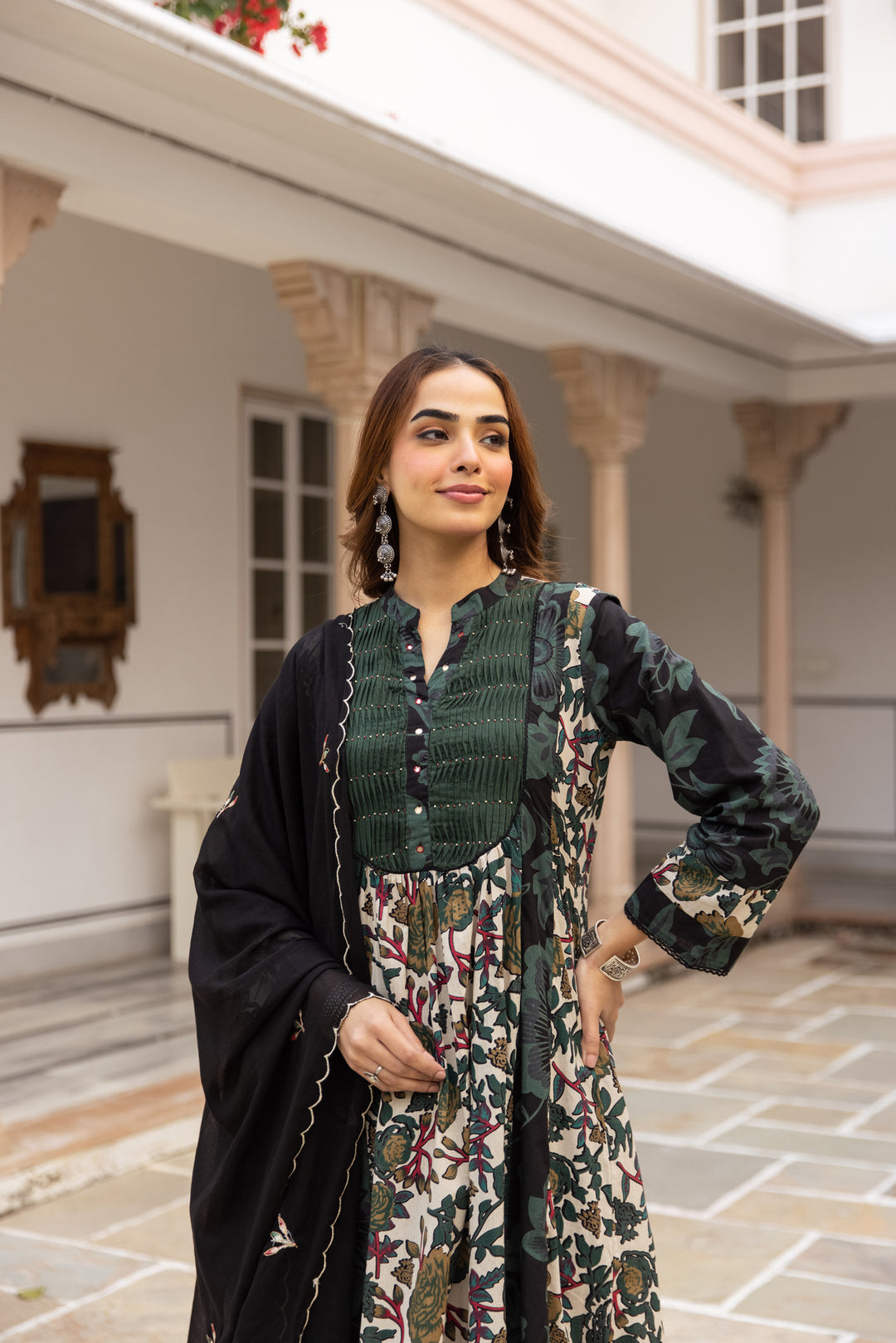 Nehamta Women's Bottle Green Cotton Kurta with Pant & Dupatta