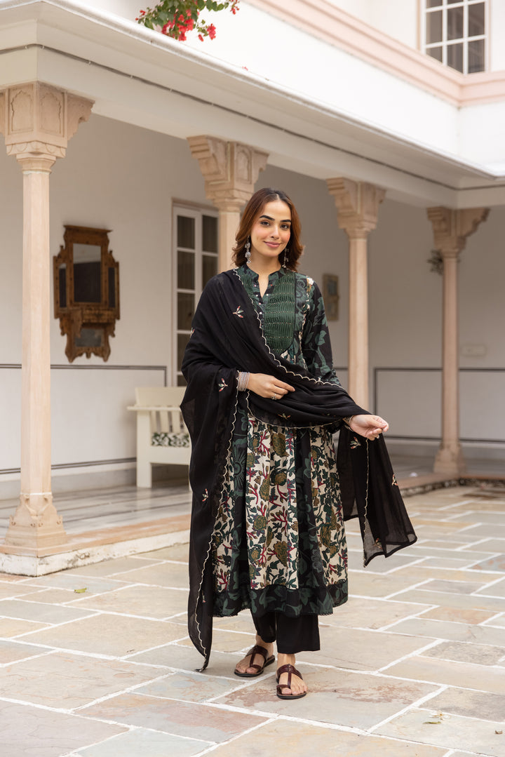 Nehamta Women's Bottle Green Cotton Kurta with Pant & Dupatta