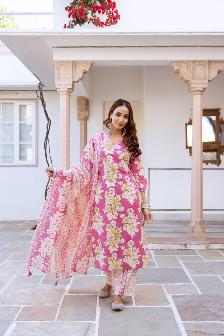 Nehamta Women's Pink Cotton Kurta with Pant & Dupatta