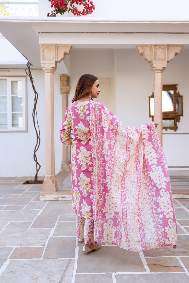 Nehamta Women's Pink Cotton Kurta with Pant & Dupatta