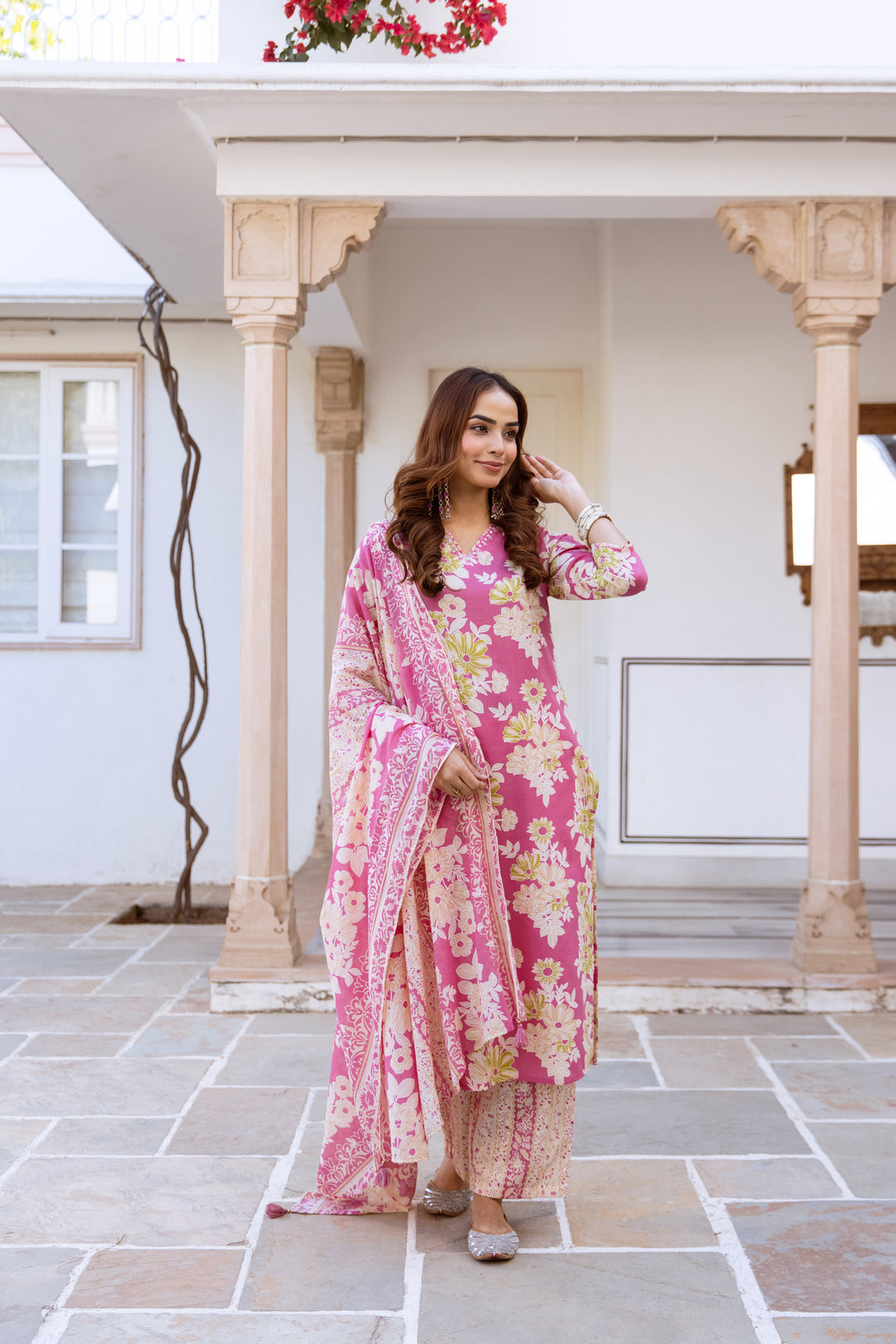 Nehamta Women's Pink Cotton Kurta with Pant & Dupatta