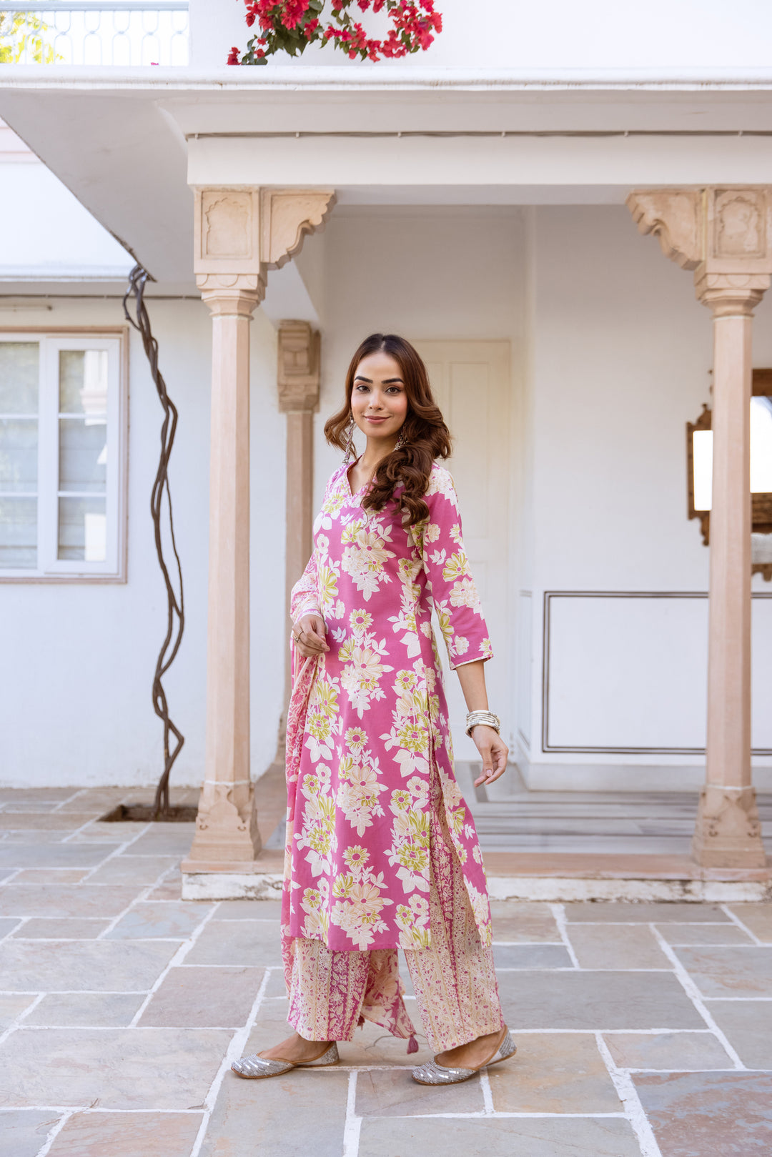 Nehamta Women's Pink Cotton Kurta with Pant & Dupatta