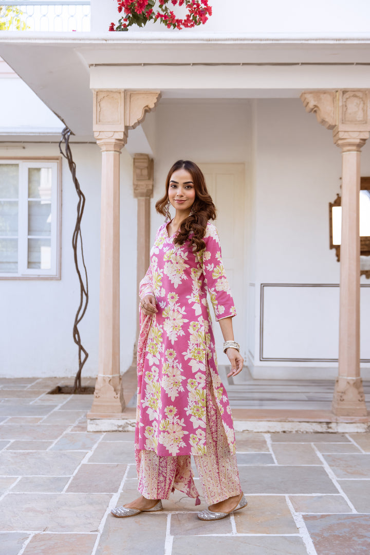 Nehamta Women's Pink Cotton Kurta with Pant & Dupatta