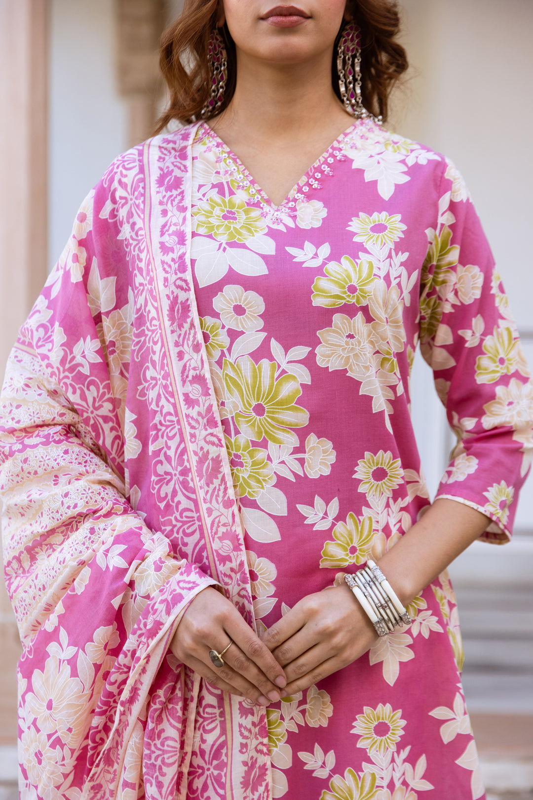 Nehamta Women's Pink Cotton Kurta with Pant & Dupatta