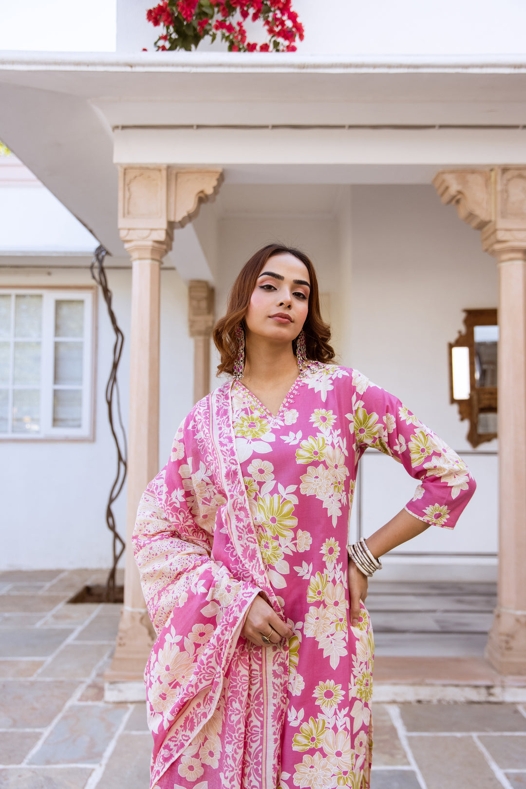 Nehamta Women's Pink Cotton Kurta with Pant & Dupatta