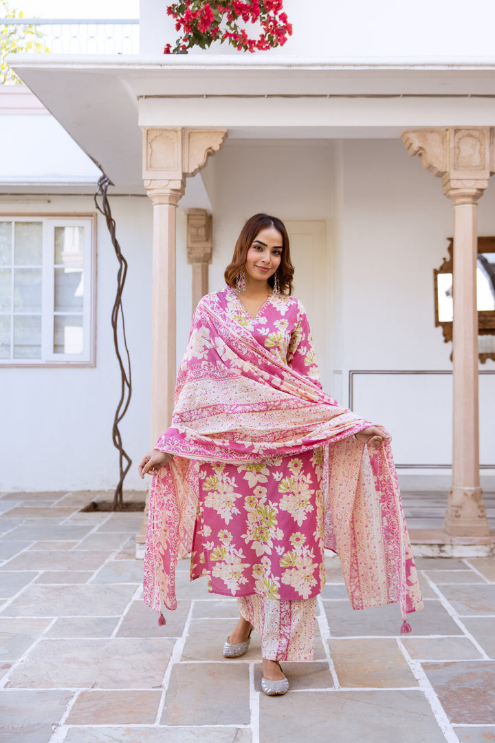 Nehamta Women's Pink Cotton Kurta with Pant & Dupatta