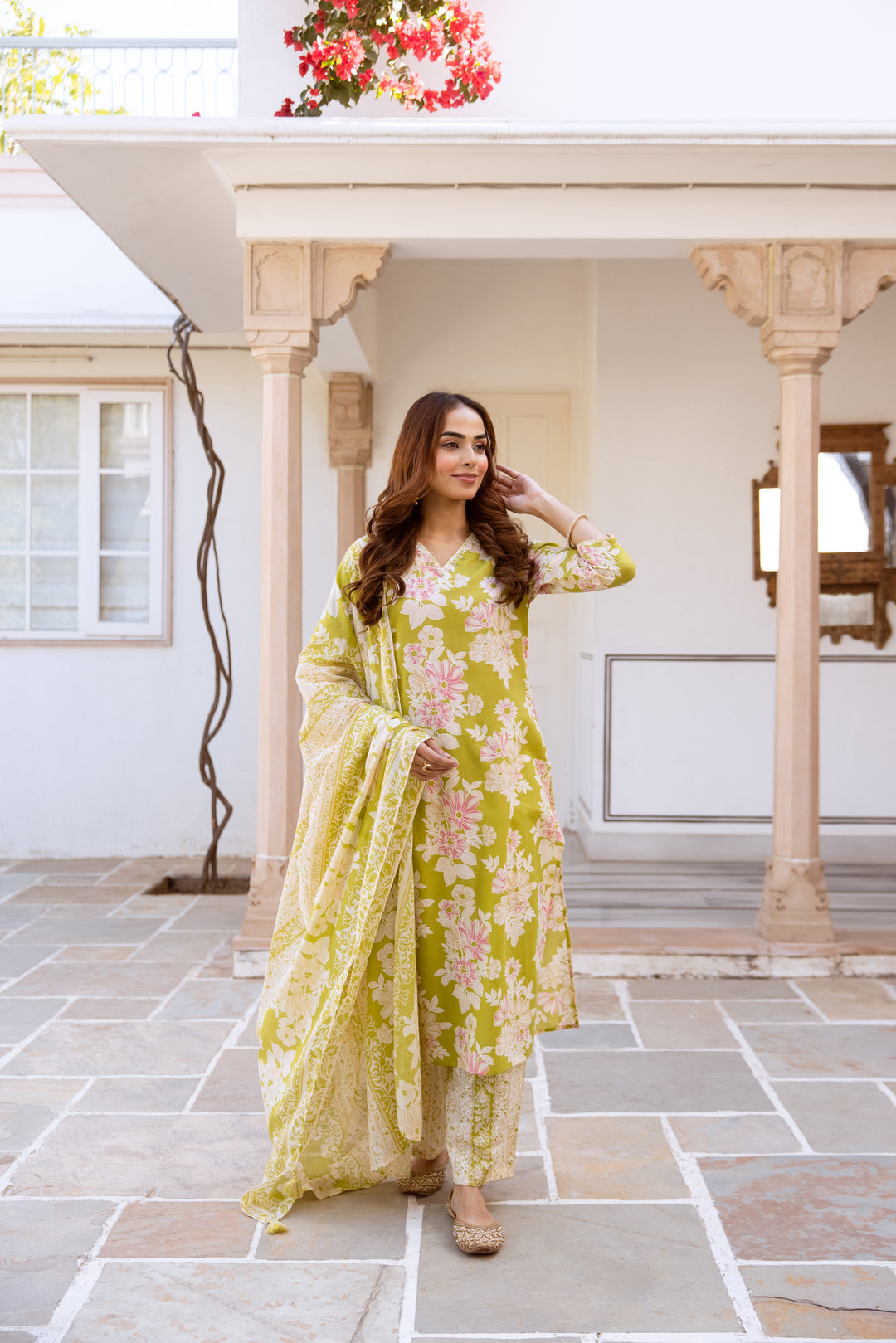 Nehamta Women's Mustard Cotton Kurta with Pant & Dupatta