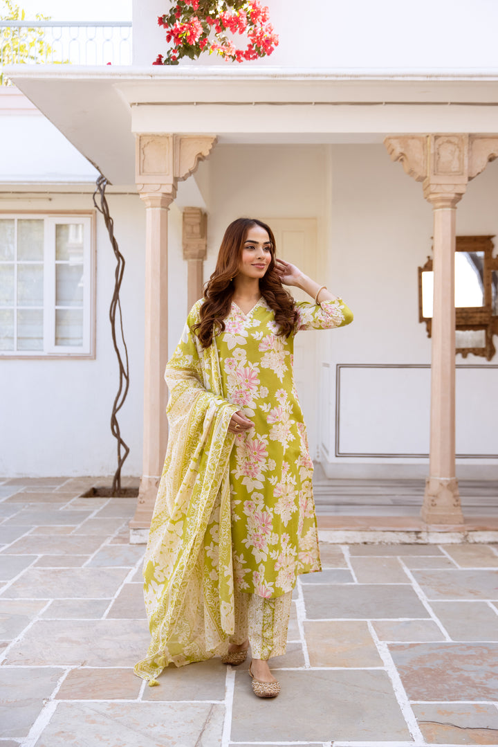 Nehamta Women's Mustard Cotton Kurta with Pant & Dupatta